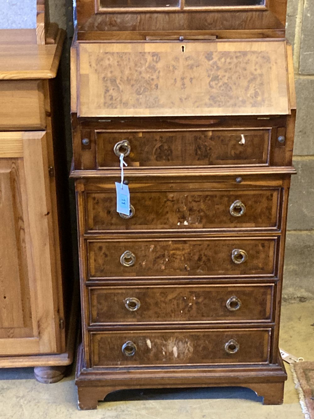 A small Queen Anne style burr yew bureau bookcase, width 48cm, depth 36cm, height 160cm